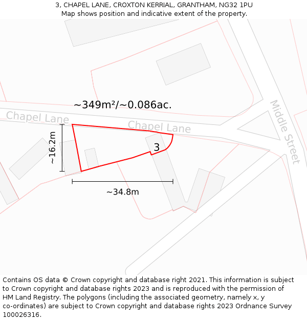 3, CHAPEL LANE, CROXTON KERRIAL, GRANTHAM, NG32 1PU: Plot and title map