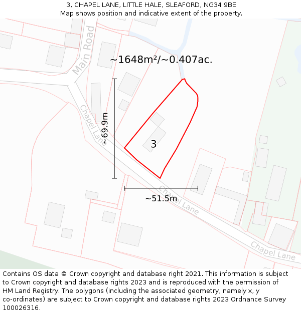 3, CHAPEL LANE, LITTLE HALE, SLEAFORD, NG34 9BE: Plot and title map