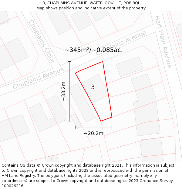 3, CHAPLAINS AVENUE, WATERLOOVILLE, PO8 8QL: Plot and title map