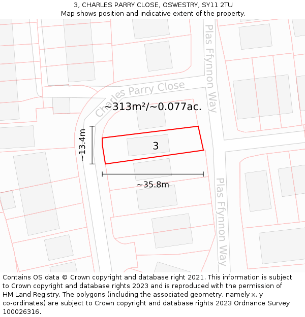 3, CHARLES PARRY CLOSE, OSWESTRY, SY11 2TU: Plot and title map