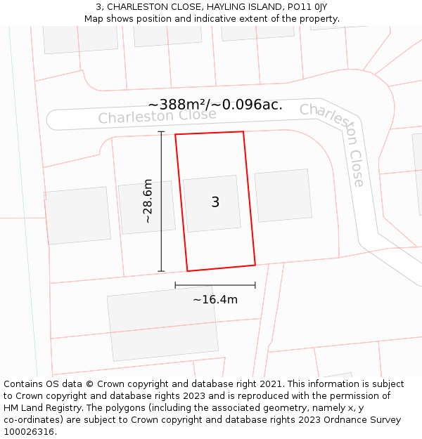 3, CHARLESTON CLOSE, HAYLING ISLAND, PO11 0JY: Plot and title map