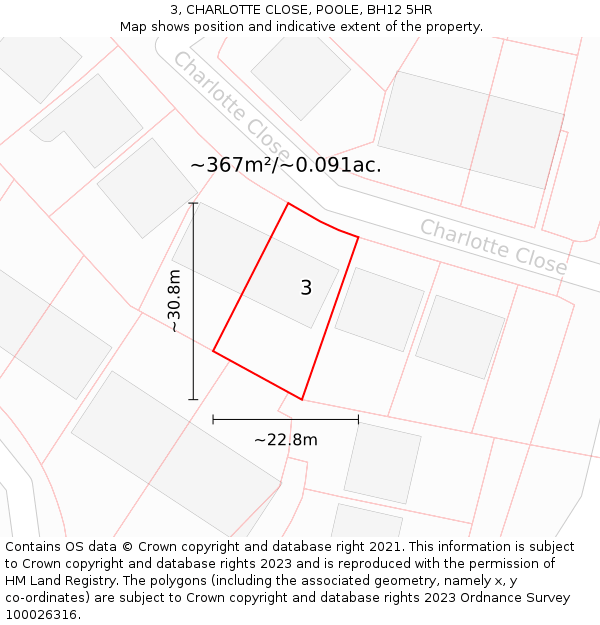 3, CHARLOTTE CLOSE, POOLE, BH12 5HR: Plot and title map