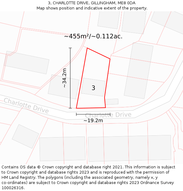 3, CHARLOTTE DRIVE, GILLINGHAM, ME8 0DA: Plot and title map