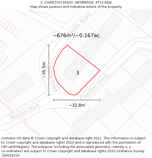 3, CHARLTON KINGS, WEYBRIDGE, KT13 9QW: Plot and title map