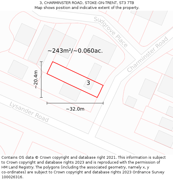 3, CHARMINSTER ROAD, STOKE-ON-TRENT, ST3 7TB: Plot and title map