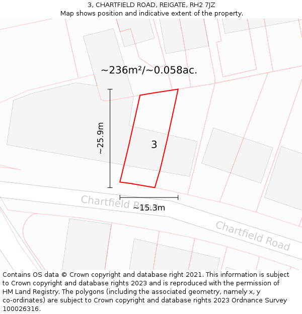 3, CHARTFIELD ROAD, REIGATE, RH2 7JZ: Plot and title map