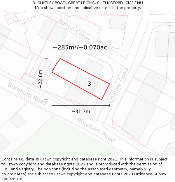 3, CHATLEY ROAD, GREAT LEIGHS, CHELMSFORD, CM3 1NU: Plot and title map