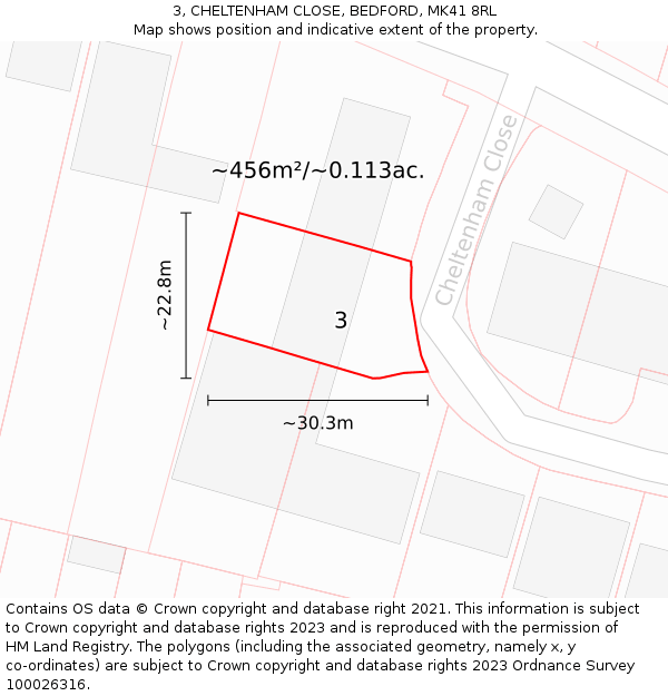 3, CHELTENHAM CLOSE, BEDFORD, MK41 8RL: Plot and title map