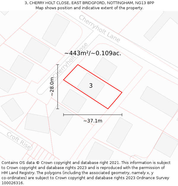 3, CHERRY HOLT CLOSE, EAST BRIDGFORD, NOTTINGHAM, NG13 8PP: Plot and title map