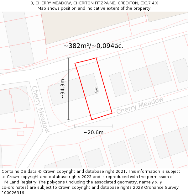 3, CHERRY MEADOW, CHERITON FITZPAINE, CREDITON, EX17 4JX: Plot and title map