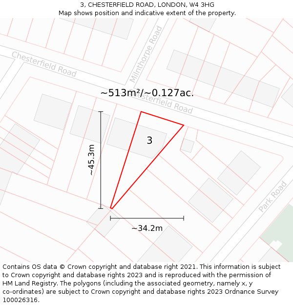 3, CHESTERFIELD ROAD, LONDON, W4 3HG: Plot and title map