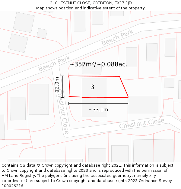 3, CHESTNUT CLOSE, CREDITON, EX17 1JD: Plot and title map