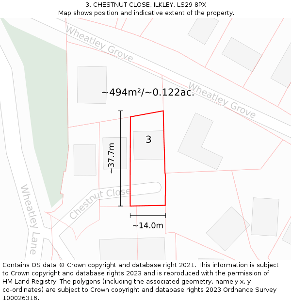 3, CHESTNUT CLOSE, ILKLEY, LS29 8PX: Plot and title map