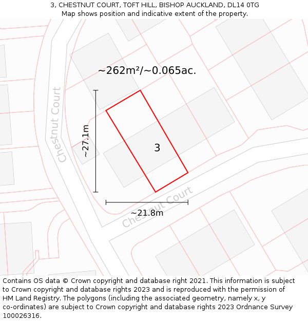 3, CHESTNUT COURT, TOFT HILL, BISHOP AUCKLAND, DL14 0TG: Plot and title map