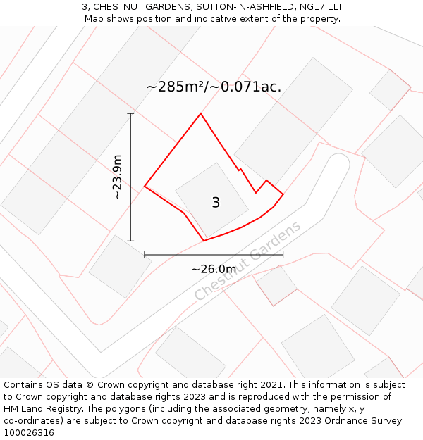 3, CHESTNUT GARDENS, SUTTON-IN-ASHFIELD, NG17 1LT: Plot and title map