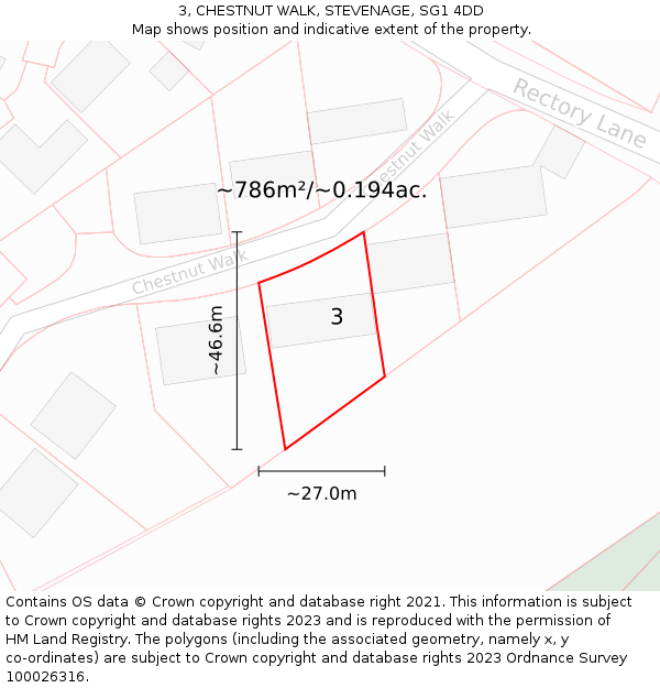 3, CHESTNUT WALK, STEVENAGE, SG1 4DD: Plot and title map