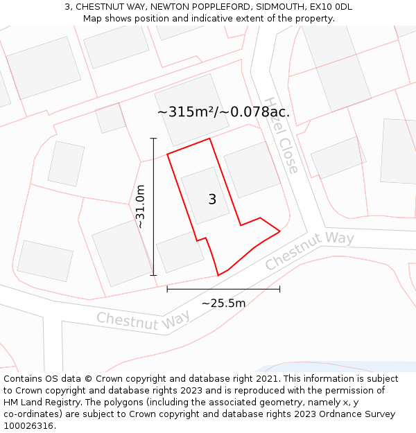 3, CHESTNUT WAY, NEWTON POPPLEFORD, SIDMOUTH, EX10 0DL: Plot and title map