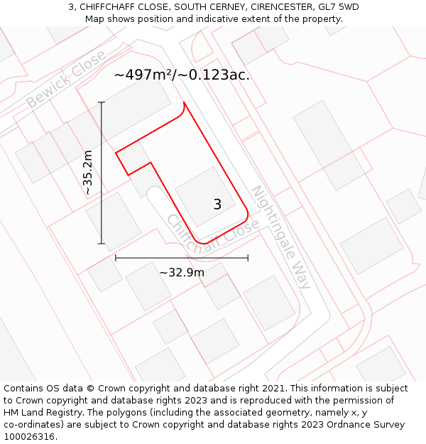 3, CHIFFCHAFF CLOSE, SOUTH CERNEY, CIRENCESTER, GL7 5WD: Plot and title map