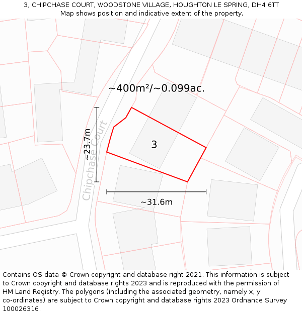 3, CHIPCHASE COURT, WOODSTONE VILLAGE, HOUGHTON LE SPRING, DH4 6TT: Plot and title map