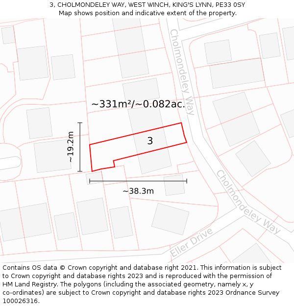 3, CHOLMONDELEY WAY, WEST WINCH, KING'S LYNN, PE33 0SY: Plot and title map