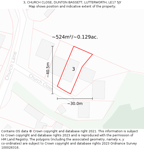 3, CHURCH CLOSE, DUNTON BASSETT, LUTTERWORTH, LE17 5JY: Plot and title map