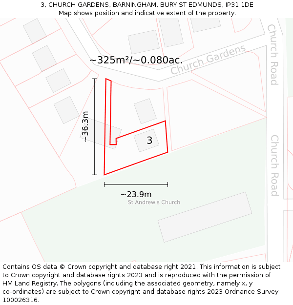 3, CHURCH GARDENS, BARNINGHAM, BURY ST EDMUNDS, IP31 1DE: Plot and title map