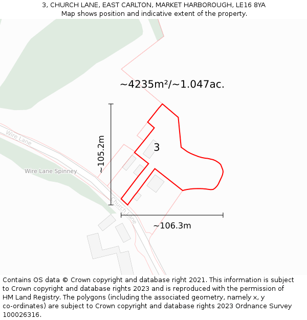 3, CHURCH LANE, EAST CARLTON, MARKET HARBOROUGH, LE16 8YA: Plot and title map