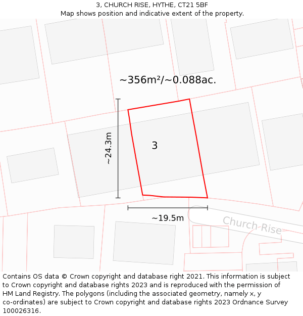 3, CHURCH RISE, HYTHE, CT21 5BF: Plot and title map