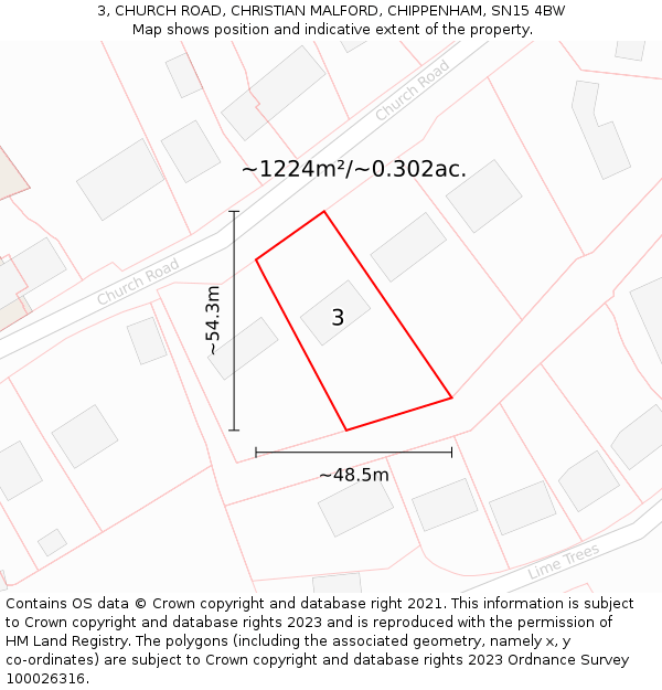 3, CHURCH ROAD, CHRISTIAN MALFORD, CHIPPENHAM, SN15 4BW: Plot and title map