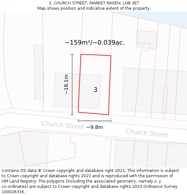 3, CHURCH STREET, MARKET RASEN, LN8 3ET: Plot and title map