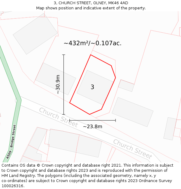 3, CHURCH STREET, OLNEY, MK46 4AD: Plot and title map