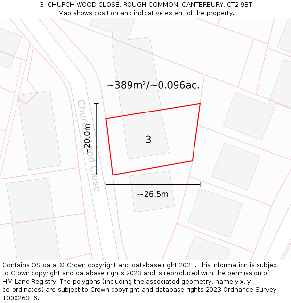 3, CHURCH WOOD CLOSE, ROUGH COMMON, CANTERBURY, CT2 9BT: Plot and title map