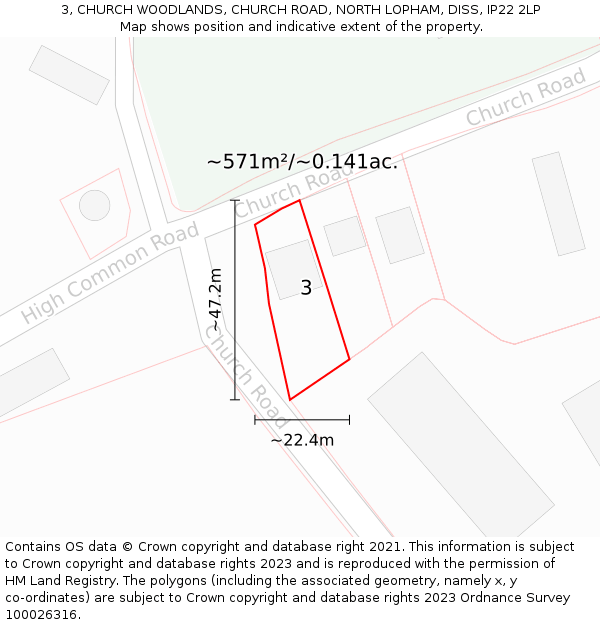 3, CHURCH WOODLANDS, CHURCH ROAD, NORTH LOPHAM, DISS, IP22 2LP: Plot and title map