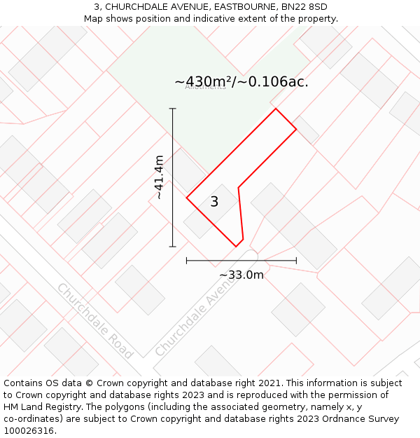 3, CHURCHDALE AVENUE, EASTBOURNE, BN22 8SD: Plot and title map