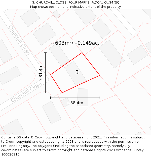 3, CHURCHILL CLOSE, FOUR MARKS, ALTON, GU34 5JQ: Plot and title map