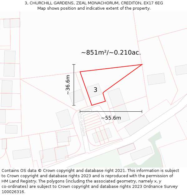 3, CHURCHILL GARDENS, ZEAL MONACHORUM, CREDITON, EX17 6EG: Plot and title map
