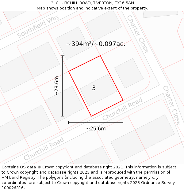 3, CHURCHILL ROAD, TIVERTON, EX16 5AN: Plot and title map