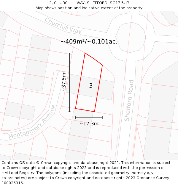 3, CHURCHILL WAY, SHEFFORD, SG17 5UB: Plot and title map