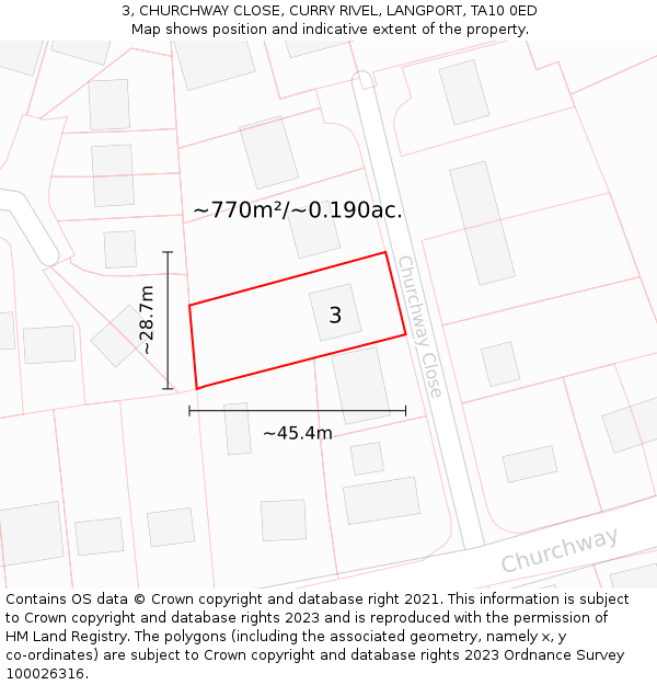 3, CHURCHWAY CLOSE, CURRY RIVEL, LANGPORT, TA10 0ED: Plot and title map