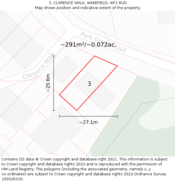 3, CLARENCE WALK, WAKEFIELD, WF2 8UD: Plot and title map