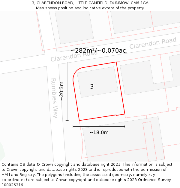 3, CLARENDON ROAD, LITTLE CANFIELD, DUNMOW, CM6 1GA: Plot and title map