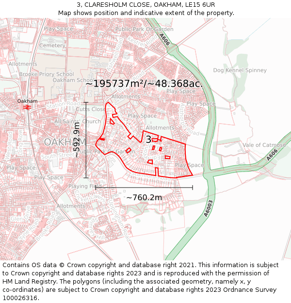 3, CLARESHOLM CLOSE, OAKHAM, LE15 6UR: Plot and title map