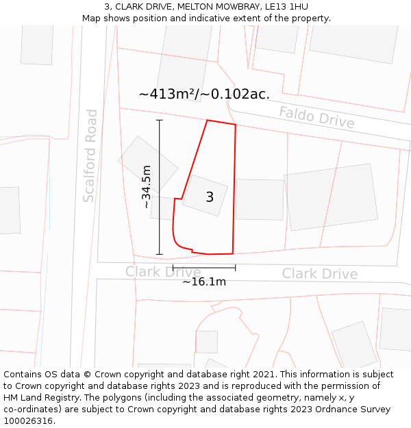 3, CLARK DRIVE, MELTON MOWBRAY, LE13 1HU: Plot and title map