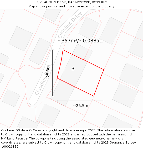 3, CLAUDIUS DRIVE, BASINGSTOKE, RG23 8HY: Plot and title map