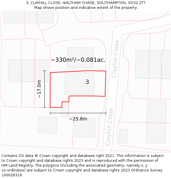 3, CLAYHILL CLOSE, WALTHAM CHASE, SOUTHAMPTON, SO32 2TT: Plot and title map