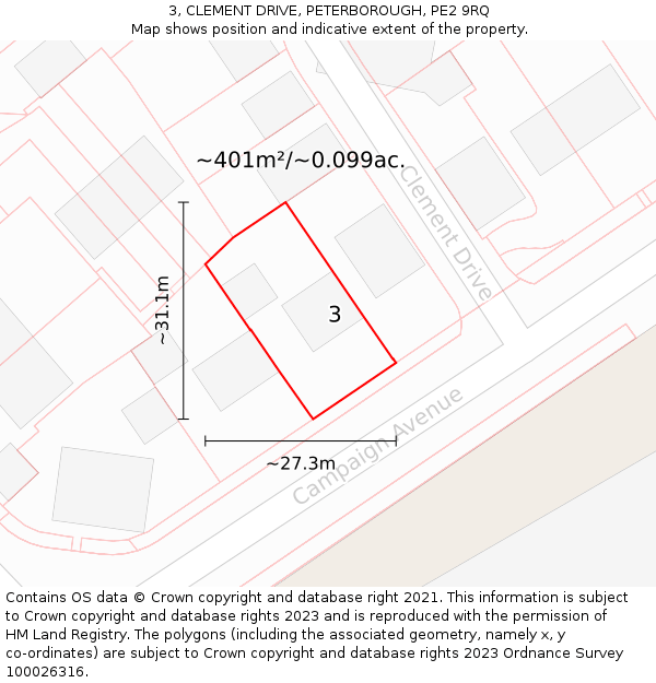 3, CLEMENT DRIVE, PETERBOROUGH, PE2 9RQ: Plot and title map