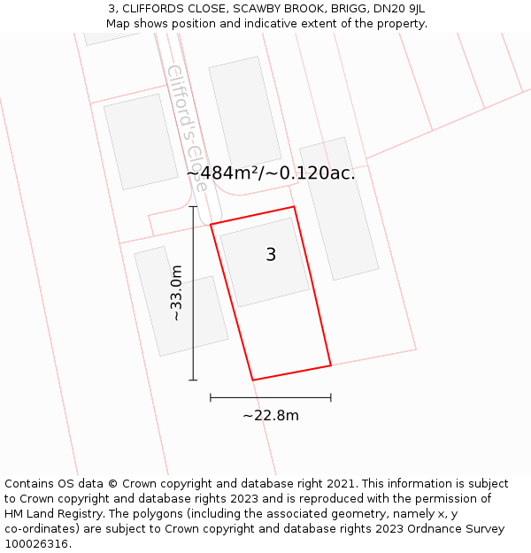 3, CLIFFORDS CLOSE, SCAWBY BROOK, BRIGG, DN20 9JL: Plot and title map