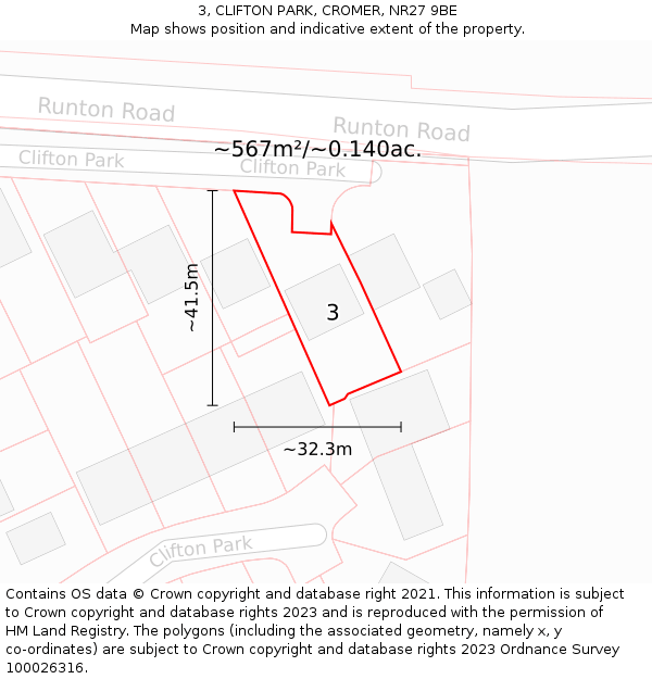 3, CLIFTON PARK, CROMER, NR27 9BE: Plot and title map