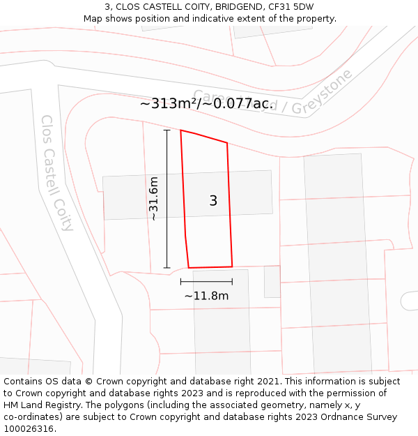 3, CLOS CASTELL COITY, BRIDGEND, CF31 5DW: Plot and title map