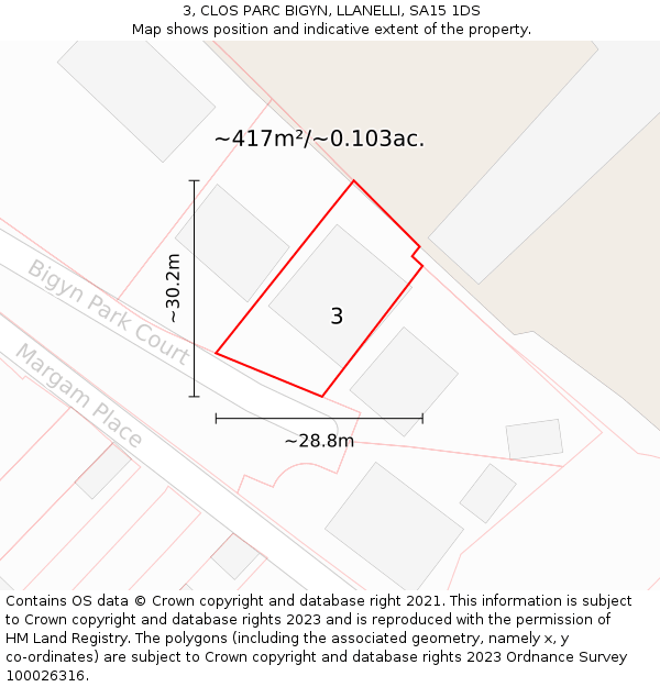 3, CLOS PARC BIGYN, LLANELLI, SA15 1DS: Plot and title map